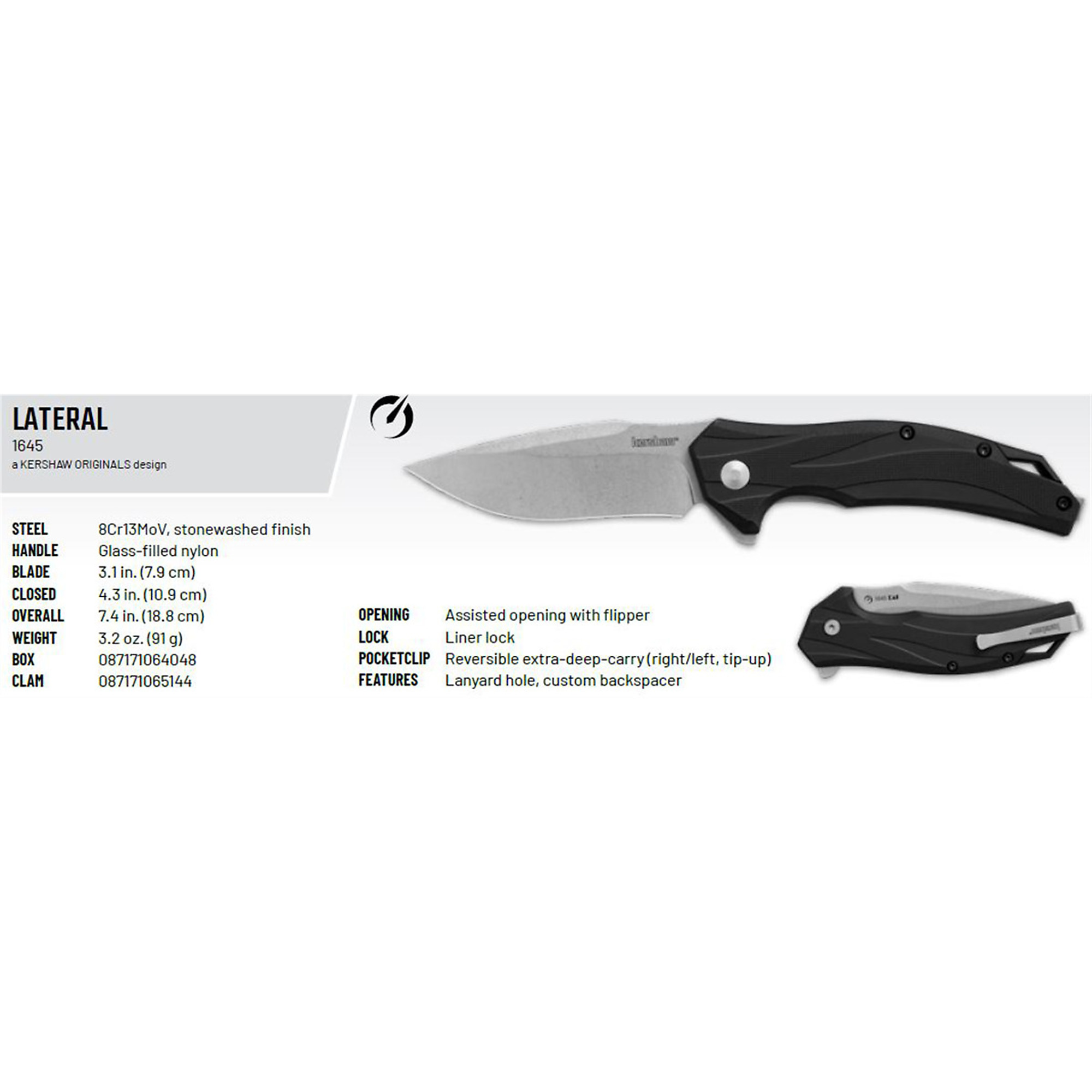 Kershaw Lateral Assisted Open Liner Lock Folding Pocket Knife — 3.1in. Drop Point Blade, Stonewashed Finish, Black, Model# KER1645